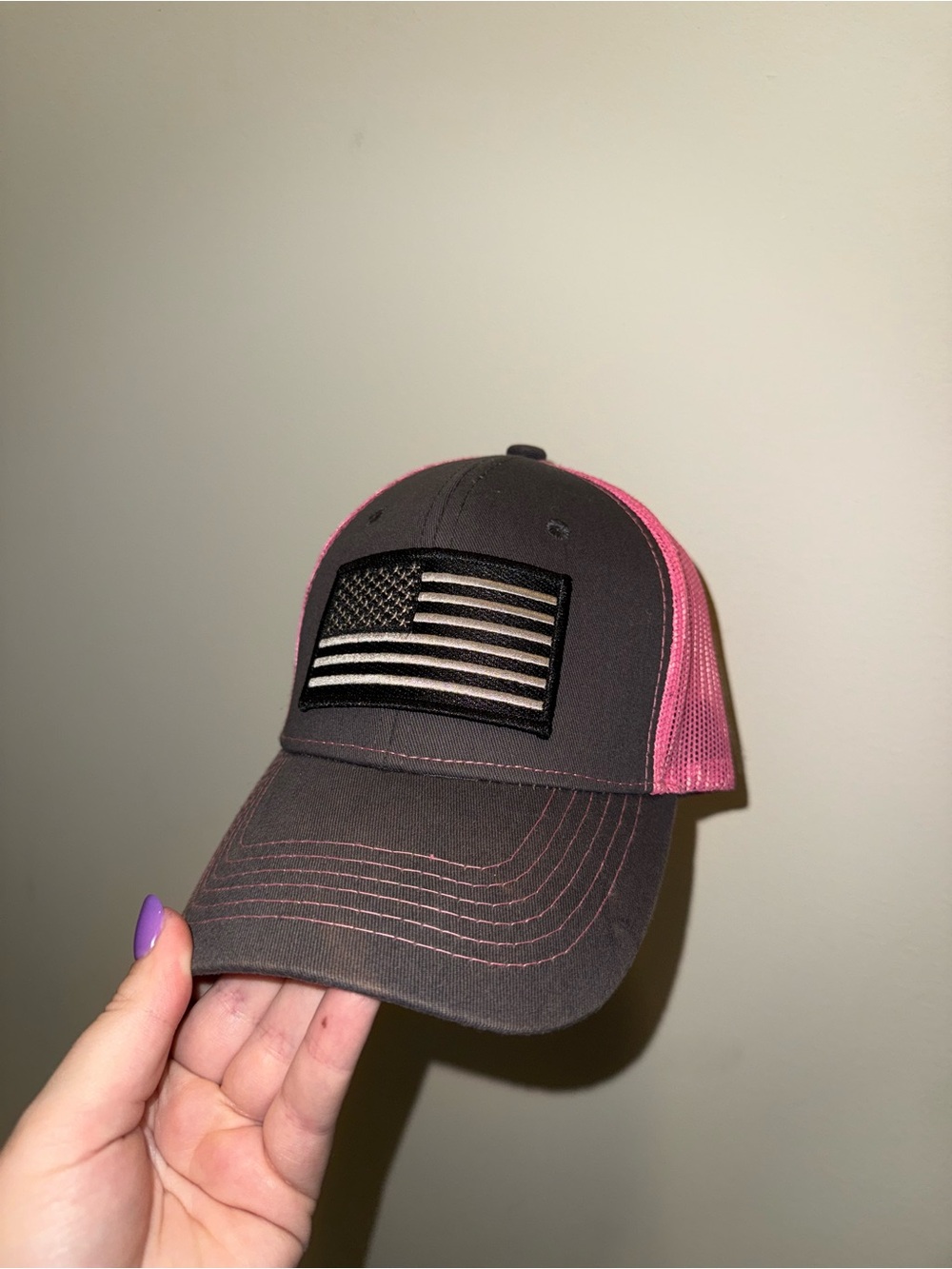 Gray & Pink Breast Cancer Awareness Trucker Hat with Black American Flag Patch